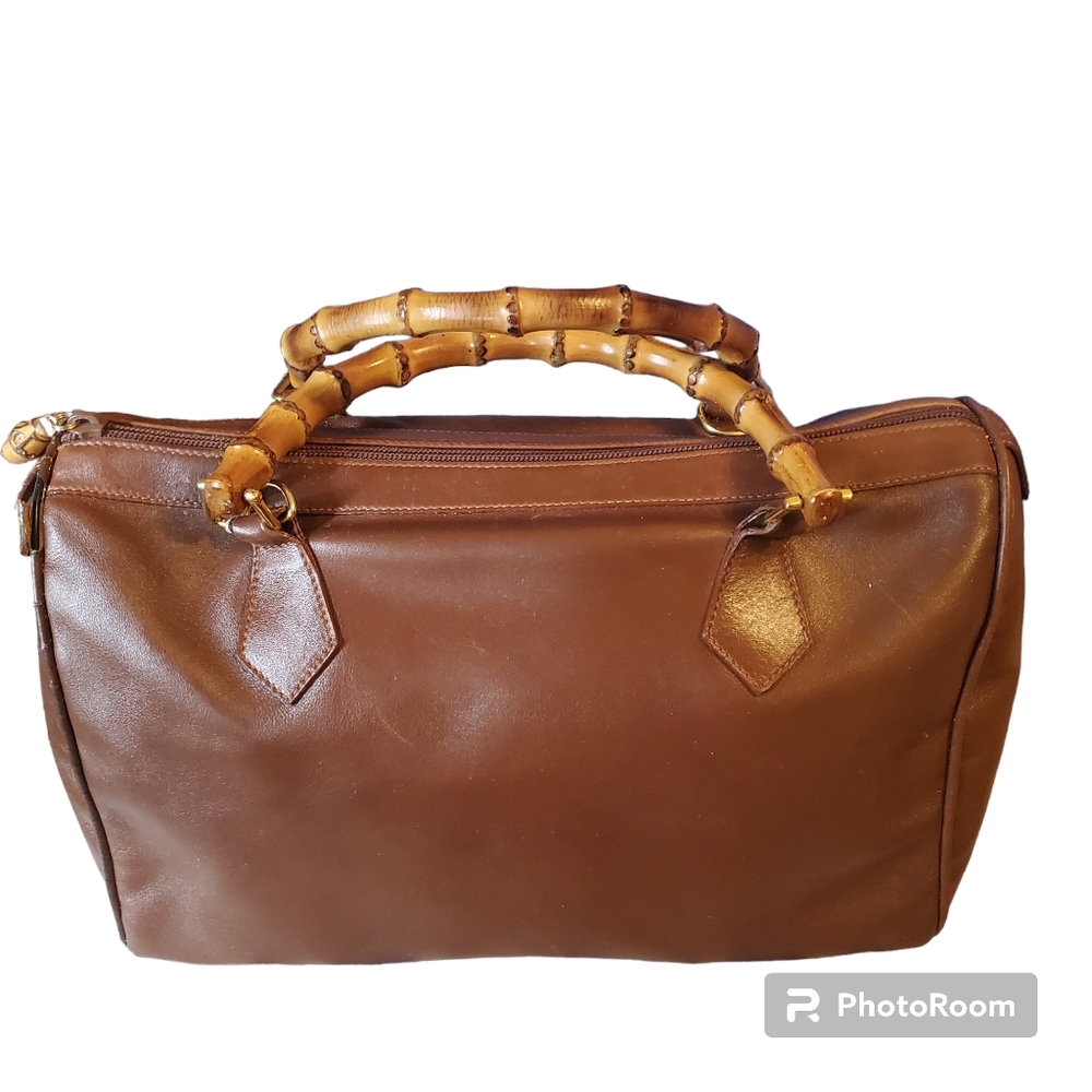 Gucci Brown Vintage Leather Boston Bag Bamboo Handles 2 Way Rare Luxury